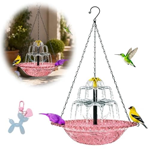 Hanging Bird Bath with Textured Bowl and Metal Chains, Solar Fountains with Cascade Flow for Outdoor Garden, Patio, and Yard Decor (Pink(L)) - Image 1
