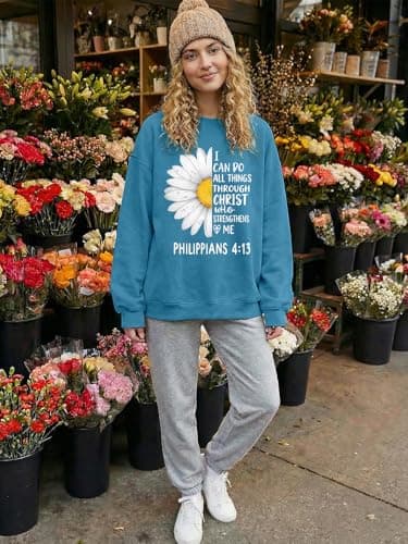 Ladicme Christian Sweatshirts For Women Oversized I Can Do All Things Daisy Graphic Pullover Top Casual Loose Fit Tops - Thumbnail 4