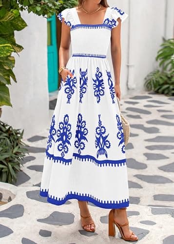 BTFBM Summer Dresses for Women 2026 Casual Floral Boho Sleeveless Square Neck A Line Flowy Beach Maxi Dress Pockets(White Blue Flower, Small) - Thumbnail 2