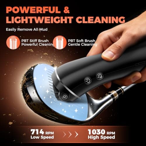 Electric Golf Club Brush Cleaner: 1030 RPM 360° Auto-Rotating Brush with 3-Stream Water Spray, 2 Speeds, 2 Brush Heads, 3.38 Oz Water Tank, Type-C 2000mAh Battery, Storage Bag - Golf Accessories Gift - Thumbnail 4