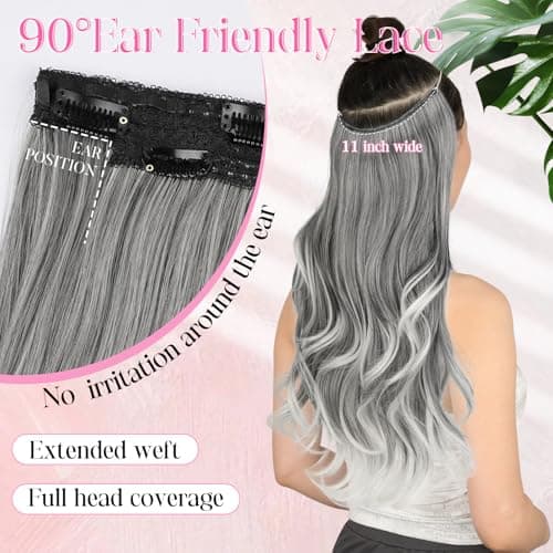 Invisible Wire Hair Extensions with Transparent Wire Adjustable Size 4 Secure Clips Long Wavy Secret Hairpiece 20 Inch for Women(OMber Grey) - Thumbnail 5