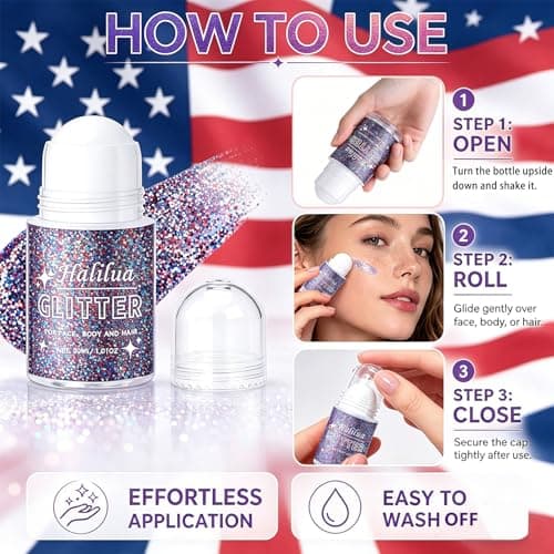 Red White and Blue Body Glitter Gel,4th of July Accessories Roll-on Face Glitter,Sparkling Face Hair Glitter for 4th of July Outfits Women Kids,Patriotic Glitters President's Day Rave Festival Makeup - Thumbnail 6