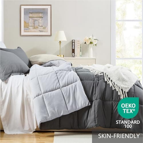 Homelike Moment Queen Comforter Set Grey, Comforters Queen Size Set, Soft Lightweight Down Alternative Bed Comforter Full Size Reversible All Season 3 Pieces Sets Grey/Light Gray - Thumbnail 3