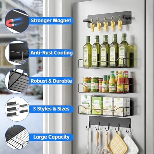 Magnetic Spice Rack for Refrigerator, 5 Pack Magnetic Fridge Organizer Shelves, Strong Magnet, No Drilling, Space Saving Shelf Organizer for Kitchen, Refrigerator & Laundry Room Storage (Grey) - Thumbnail 6