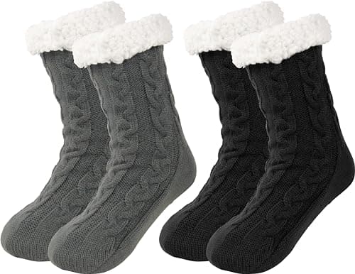 BenSorts Mens Fuzzy Slipper Socks with grippers Warm House Indoor Fleece Cabin House Home Cozy Socks Christmas Gift Stocking Stuffers 2 Packs Black and Gray - Image 1