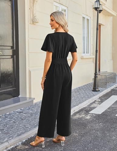 LOOKBOHO Jumpsuits for Women Summer Dressy Ruffle Short Sleeve Button V Neck 2026 Wide Leg Romper One Piece Outfits - Thumbnail 3
