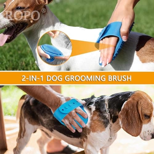 ROPO Dog Bath Brush, Dog Shampoo Brush With Adjustable Ring Handle Long Bristles, Upgraded Version Anti-Slip Back & Strap, Pet Grooming Brush for Dogs & Cats 2pcs - Thumbnail 6