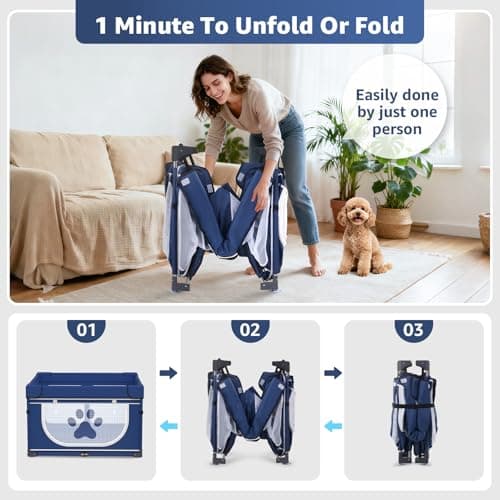 LOOBANI Foldable Dog Playpen with Cover: 1 Min Setup Pet Puppy Playpen Indoor, Sturdy Reinforced Steel/Iron Frame Dog Fence, Portable Whelping Box for Home Dog Cat Rabbit-43.3"x43.3"x27.1"│Patented - Thumbnail 2