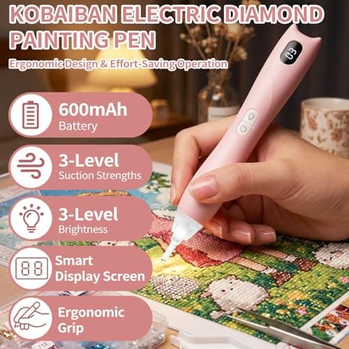 KOBAIBAN Electric Diamond Painting Pen with Light, Rechargeable Diamond Art Pens with Display Screen, 3 Suction Modes, Cordless Vacuum Pen for Diamond Painting, Adults DIY Crafts, Cat Ear Design - Thumbnail 2