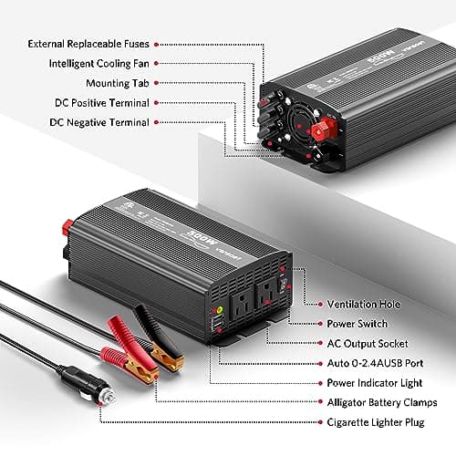 VANSOET 500W Pure Sine Wave Power Inverter DC 12V to 110V AC Car Inverter Adapter with 4.2A Dual USB Charging Ports and 2 AC Outlets Inverter(Black) - Thumbnail 6