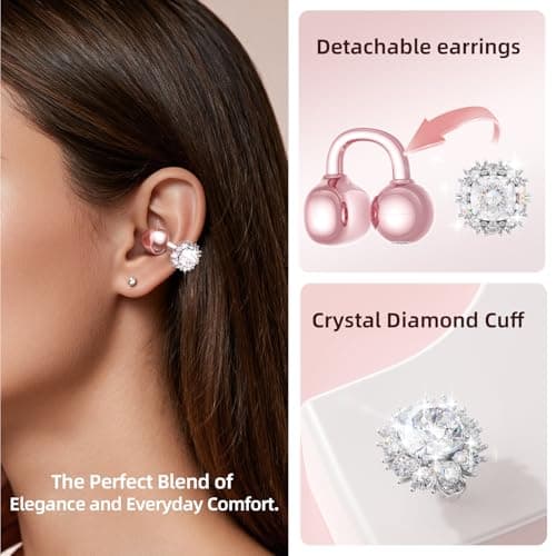 Kinglucky Clip-On Open Ear Earbuds with Detachable Diamond Earrings, Bluetooth 5.4 Open Ear Wireless Headphones for Women, 40H Playtime, Comfortable Small-Ear Fit, Rose Gold - Thumbnail 2