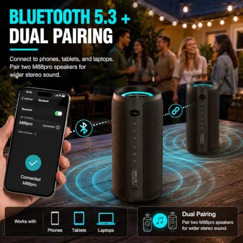 Bluetooth Speaker IPX6 Waterproof.Musibaby M88pro with Loud Stereo Sound,Portable Wireless Speaker,40H Battery,Bluetooth 5.3,Dual Pairing, Shower Outdoor Speaker for Party, Beach, Gifts Ideal. - Thumbnail 5