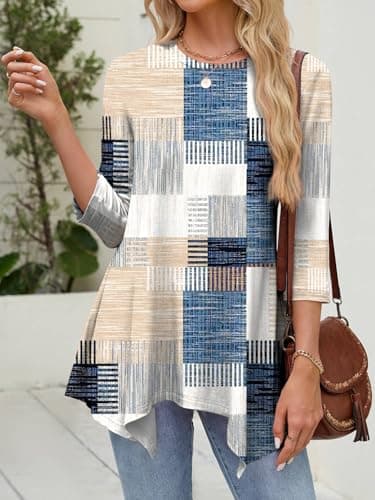 JUSTFASHIONNOW 3/4 Length Sleeve Tunic Tops for Women Loose Fit Dressy Casual Maternity Blouses Shirts with Asymmetrical Hem（patchwork Print，Large - Thumbnail 3