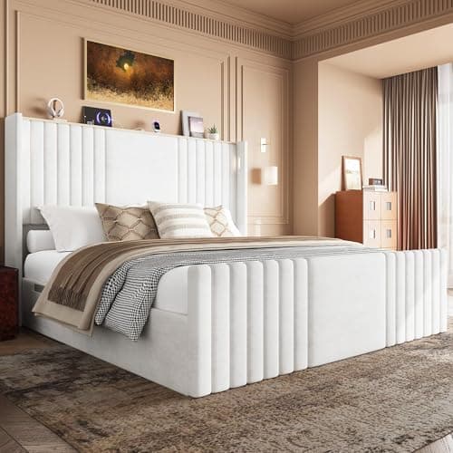 Uteeran King Size Bed Frame with 55.1" Tall Headboard, Velvet Upholstered Platform Bed with Channel Tufted Wingback, 2 Reading Lights/Storage Shelf/Charging Station/Easy Assembly/Noise-Free, Cream