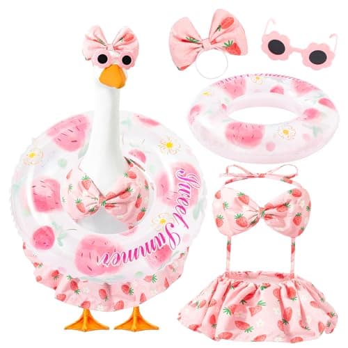 Batfsm Summer Porch Goose Outfit with Sunglasses and Swim Ring for 23" Goose Statue Hawaiian Bikini Goose Outfits Porch Goose Clothes Costume for Garden Lawn Yard Decor(Strawberry)