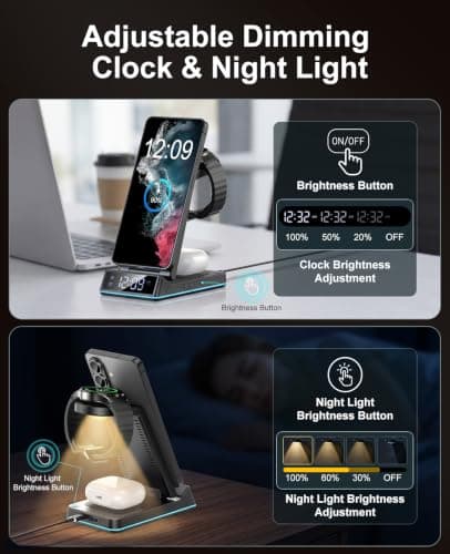 Wireless Charger for Samsung,7 in 1 Wireless Charging Station Foldable Fast Charger Stand with Night Light/Alarm Clock for Samsung Galaxy S26/S25/S24/S23/S22/S21/Galaxy Watch Ultra/8/7/6 Galaxy Buds - Thumbnail 3