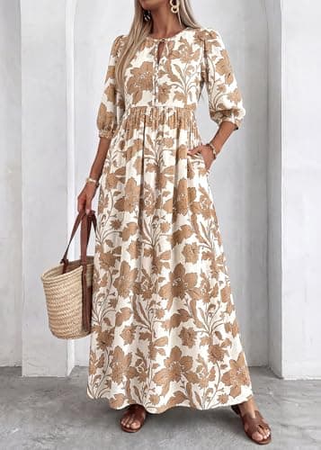 KIRUNDO Summer Dresses for Women 2026 Spring Wedding Guest Boho Floral 3/4 Sleeve Beach Vacation Cruise Flowy Maxi Dress(Khaki, Small) - Thumbnail 4