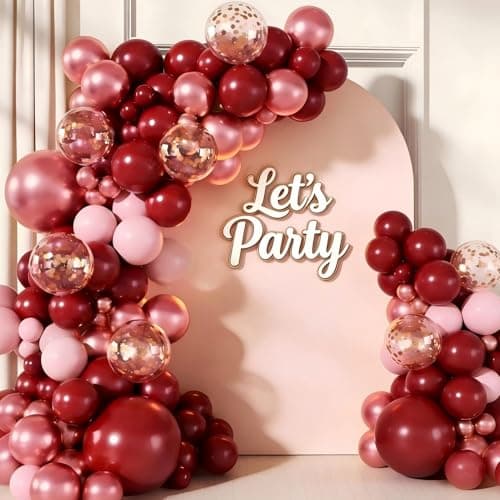 Burgundy Pink Balloon Garland Arch Kit 160pcs Burgundy Metallic Red Pink Latex Balloons with Gold Confetti Balloons for Valentines Mother's Day Wedding Bridal Shower Birthday Party Decor