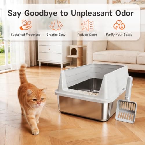 Stainless Steel Cat Litter Box, Odor Free Metal Litter Box with High Sides Lid, Open Top Low Entry Litter Pan Include Scoop Easy Cleaning Anti-Scratch Kitty Cat Box Anti-Urine Leakage, Non-Sticky, M - Thumbnail 5