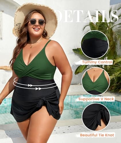 MFAVIP Women Plus Size Swim Dress Tummy Control One Piece Swimsuit Wrap Full Coverage Modest Bathing Suit Cute Tie Knot - Thumbnail 4