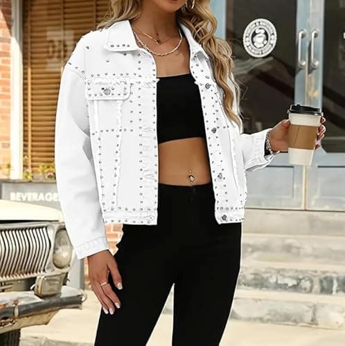 Huang's Women's Embellished Denim Jacket with Shiny Studs Non-Stretch Heavyweight Cotton, Classic Fit, Distressed Detailing Coat (US, Alpha, Medium, Regular, Regular, T228) - Thumbnail 2
