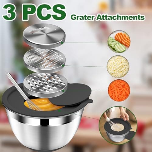 DUTZUN Mixing Bowls with Lids Set - 16pcs Stainless Steel Mixing Bowl Set with Colander, 3 Grater Attachments, Non-Slip Bottom, Metal Nesting Bowls with Strainer for Mixing & Serving - Black - Thumbnail 4