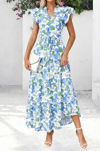 dowerme Women Summer Maxi Dresses 2026 Ruffle Sleeve V Neck Floral Boho Long Dress Belted Tiered Sundress with Pockets(Floral White Multicolored,XX-Large) - Thumbnail 2