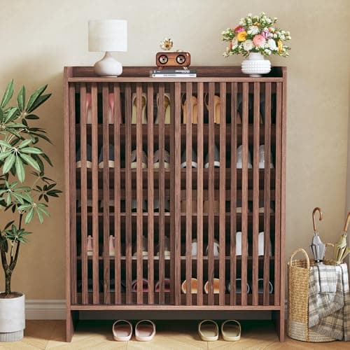 HUAHUU Shoe Cabinet with Sliding Slatted Doors, 5-Tier Shoe Storage Cabinet with Adjustable Shelf, Modern Wooden Shoe Organizer Cabinet for Entryway, Hallway, Living Room, Walnut - Thumbnail 4