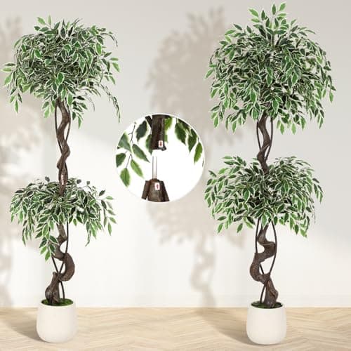 GarveeHome Artificial Ficus Tree for Home Decor Indoor,5 ft Faux Floor Tree White Imitation Ceramic Planter, Indoor Outdoor Lifelike Fake Ficus Tree with Pebbles & Green Fake Moss for Office - Thumbnail 4