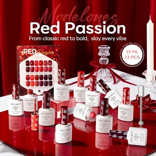 modelones 12Pcs 15ML Red Gel Nail Polish Set, Same Bottle Same Bottle Burgundy Cherry Dark Red Cat Eye Glitter Color Changing Hema Free Gel Polish Kit with Magnet Soak Off Manicure Nail Art DIY - Thumbnail 2