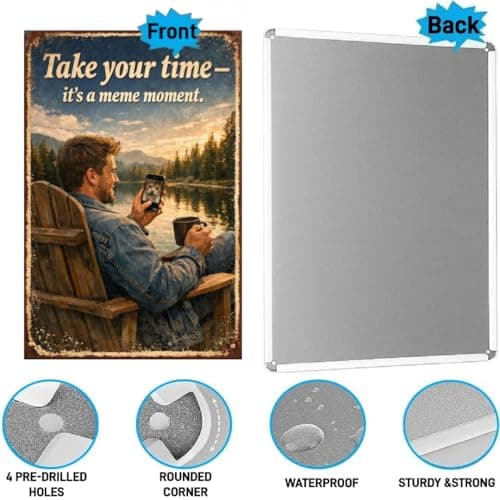 Take Your Time Its a Meme Moment Vintage Metal Tin Sign 8x12 Inch Funny Relax Quote Wall Decor Rustic Retro Humor Plaque for Office Home Cabin Man Cave with Pre Drilled Holes - Thumbnail 6