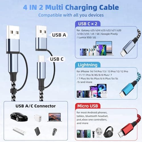 4 in 2 Multi Charging Cable, USB A/C Cable with Dual Type-C/IP/Micro USB, Travel Charger for Multiple Devices, Phone Charger Cord for iPhone 17/16/15/14, Galaxy, Android Tablet Pad (2Pack 5FT) - Thumbnail 4