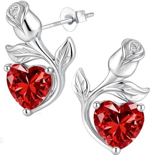 JACUPO 0.8CT Rose Heart Earrings Option of Sapphire Moissanite Stud Earrings Lab-Grown Earrings Birthstone Earrings for Women S925 Sterling Silver Post D Color VVS1 Clarity Ideal Gift for Wife Mother for Birthday Anniversary Valentine's Day Conveying I Love You Message (Jan/Jul Ruby Silver) - Image 1
