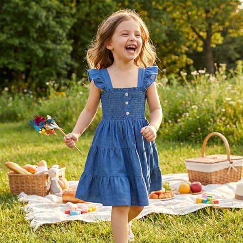 HONGTEYA Toddler Girl Dress Ruffle Sleeveless Princess Dresses, Summer Dress Beach Sundress (US, Age, 5 Years, 6 Years, Cowboy) - Thumbnail 3