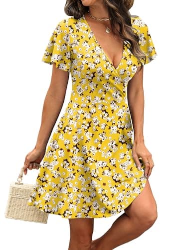 RUMIA Yellow Dress Women Wrap V Neck Formal Dresses for Wedding Guest Swing Graduation Dress Easter Sundresses XXL - Thumbnail 4