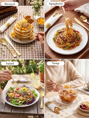 Supernal 240 Pcs Pre Rolled Napkins with Gold Plastic Silverware - 60 Sets Elegant Disposable Wrapped Cutlery: Heavy Duty Gold Forks, Knives, Spoons for Weddings, Parties, & Catering Events - Thumbnail 4