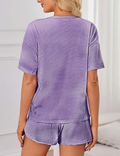 JUSTFASHIONNOW Side Split Shorts Pajama Set for Womens Two Piece Pajama Set Striped Print Crew Neck Short Sleeve Tee and Side Split Shorts Set Summer Cute Pj Sets Purple XL - Thumbnail 4