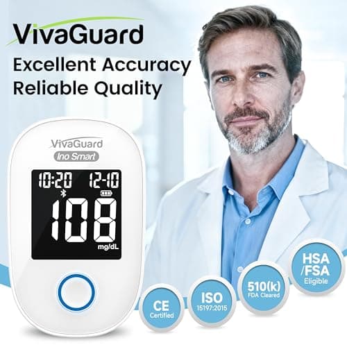 VivaGuard Ino Smart Bluetooth Blood Glucose Monitor Kit with Free App, Rechargeable Backlit Display Blood Sugar Meter with 100 Strips & 100 Lancets, Portable Diabetes Testing Kit for Travel, No Coding - Thumbnail 2
