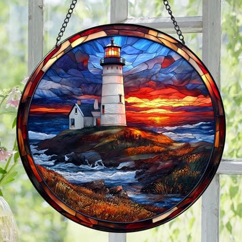Zizzie Coastal Lighthouse in Autumn Suncatcher -7.9 in Stained Glass Window Hanging Sun Catcher Garden Decor - Thumbnail 2