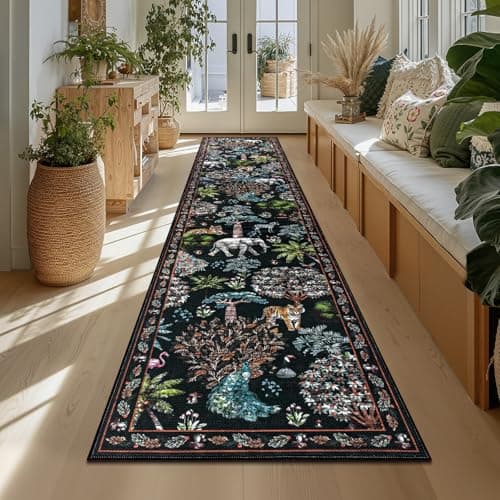 Yamaziot Hallway Runner Rug 2x10 –Jungle Animal Print Linen Rug with Non Slip Backing, Low Pile Washable Distressed Boho Carpet for Indoor Outdoor Rug, Kitchen, Bedroom, Entrance, Forest Black - Image 1