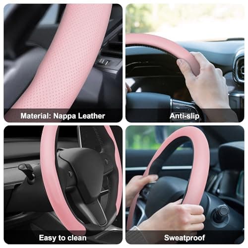 frani Nappa Leather Steering Wheel Cover, Universal 15 Inch Premium Non-Slip Steering Wheel Cover Pink - Thumbnail 6