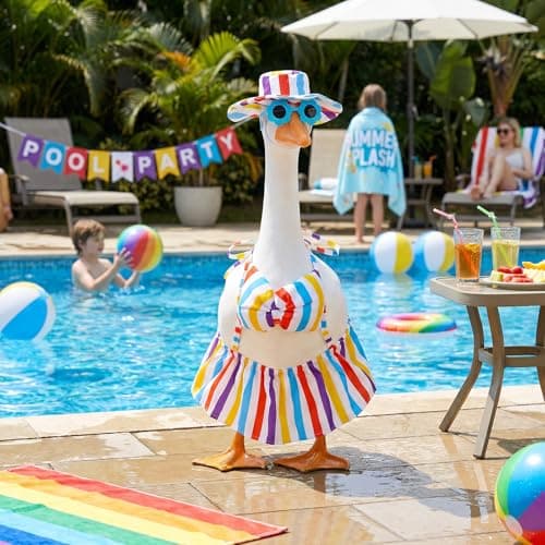 yuboo Bikini Porch Goose Outfits, Rainbow Summer Goose Clothes with Sunglasses and Sun Hat for 23" Cement Lawn Geese Pride Party Decorations, Outdoor Garden Patio Yard Statue Decor