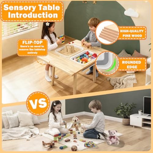 TTSZNB Large Solid Pine Wood Table with Flip Top, Activity Table with 2 Storage Bins & Double-Sided Board, Indoor/Outdoor Play Sand and Water, Multi-Functional Desk for Drawing Studying Dining - Thumbnail 2