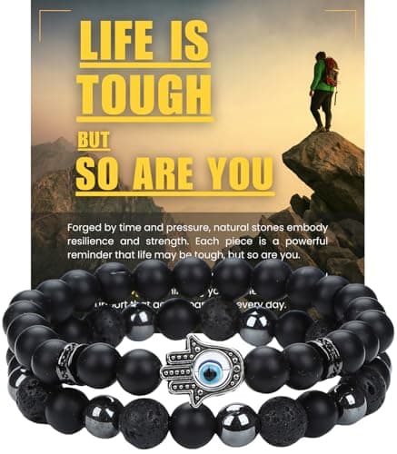 WestLuna Mens Black Obsidian Bracelet Set - Black Obsidian Hematite Lava Stone Triple Protection Bracelet w Evil Eye 8MM Stone Beaded Bracelets for Men Jewelry Gifts (Small) - Image 1