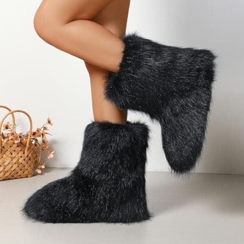Dufnfn Women's Faux Fur Boots Size 9 - Mid-Calf Winter Snow Boots with Fluffy Lining, Y2K Fashion Warm Shoes for Women （black） - Thumbnail 3