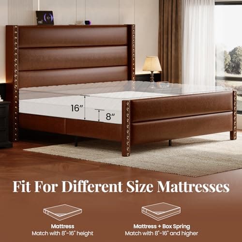 Uteeran King Size Bed Frame with Storage Shelf & Charging Station, 55" Tall Headboard & 25.6" Footboard, Faux Leather Upholstered Platform Bed with Big Rivets Wingback, Heavy Duty & Noise-Free, Brown - Thumbnail 5