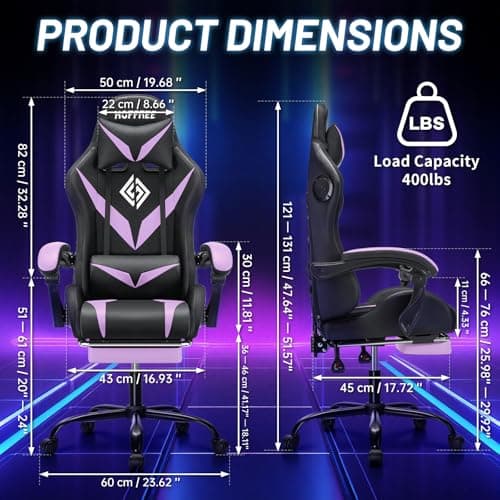 HOFFREE Gaming Chair Massage with Bluetooth Speakers and Led Lights Ergonomic Computer Gaming Chair with Footrest RGB Video Game Chair with High Back Lumbar Support Purple and Black - Thumbnail 2