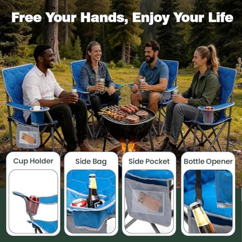 SUNNYFEEL Camping Chairs for Adults, Padded Oversized Camping Chair Heavy Duty 500LBS, Portable Lawn Chair with Cup Holder, Side Pocket&Bag for Outdoor Camping/Beach/Picnic/Fishing, Blue - Thumbnail 5