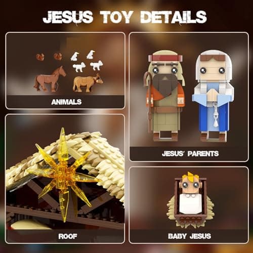 Jesus Nativity Building Set with Lights, 1000PCS Nativity Blocks Compatible with Lego, Holy Family & Animals, Great Easter, Christian, Birthday Gift for Kids Adults - Thumbnail 2