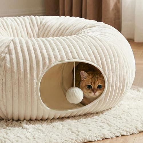MOYMO Cat Tunnel Bed with 40 Pcs Interactive Cat Toys, Cat Tube with Kitten Toys for Indoor Kittens, Collapsible Play Tunnel, White - Thumbnail 3